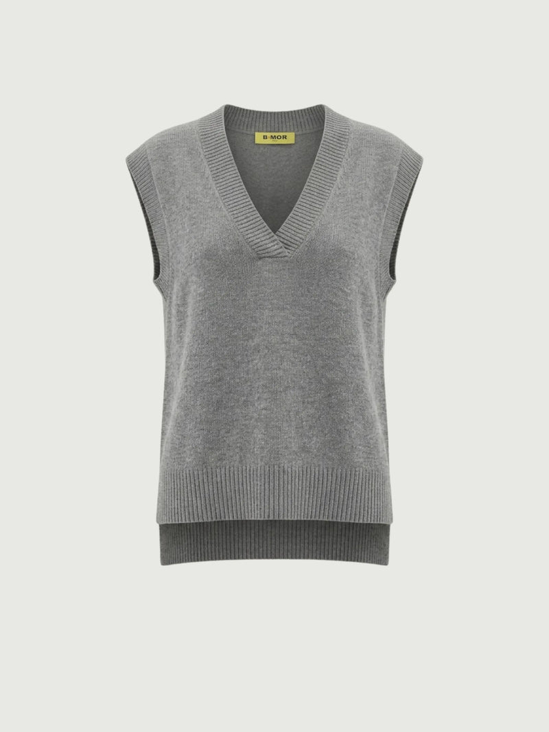 Vista frontale gilet over color carbone con scollo a V taglio asimmetrico