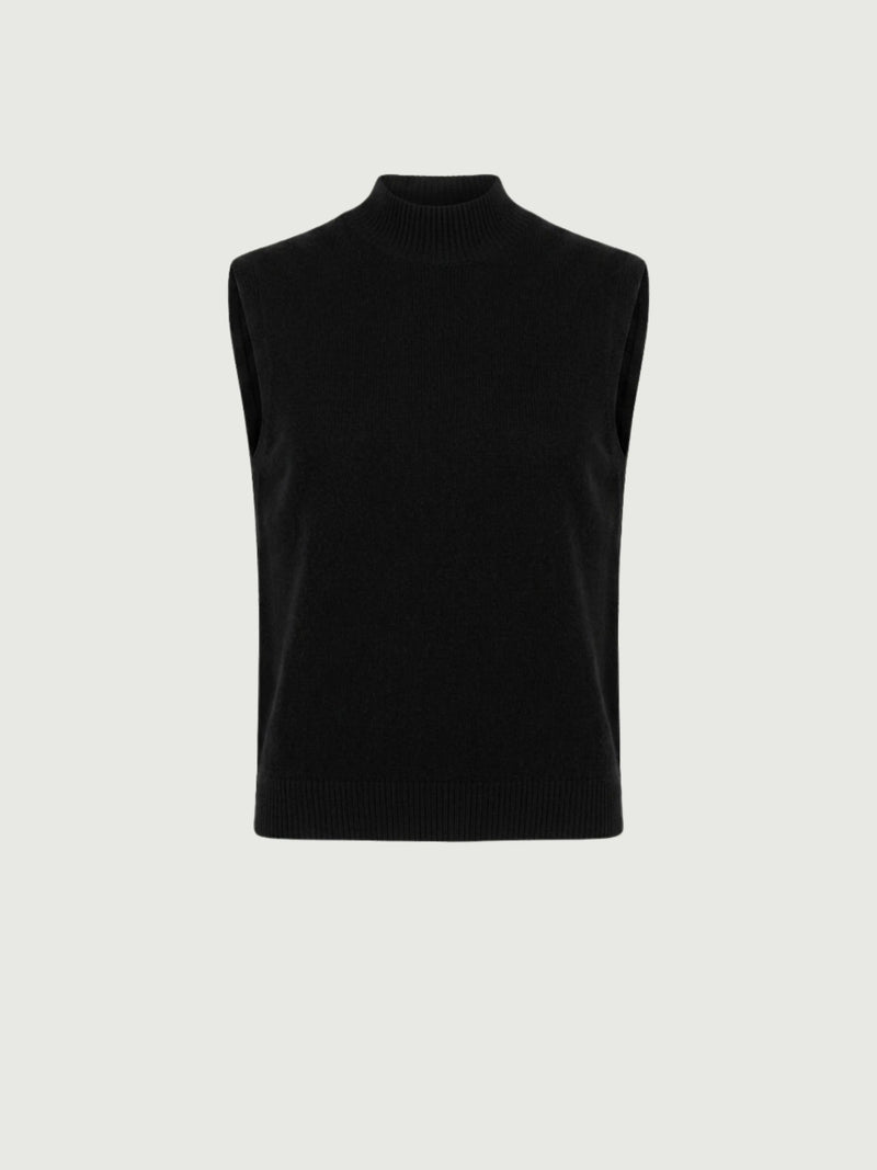 Vista frontale gilet smanicato con collo a lupetto nero