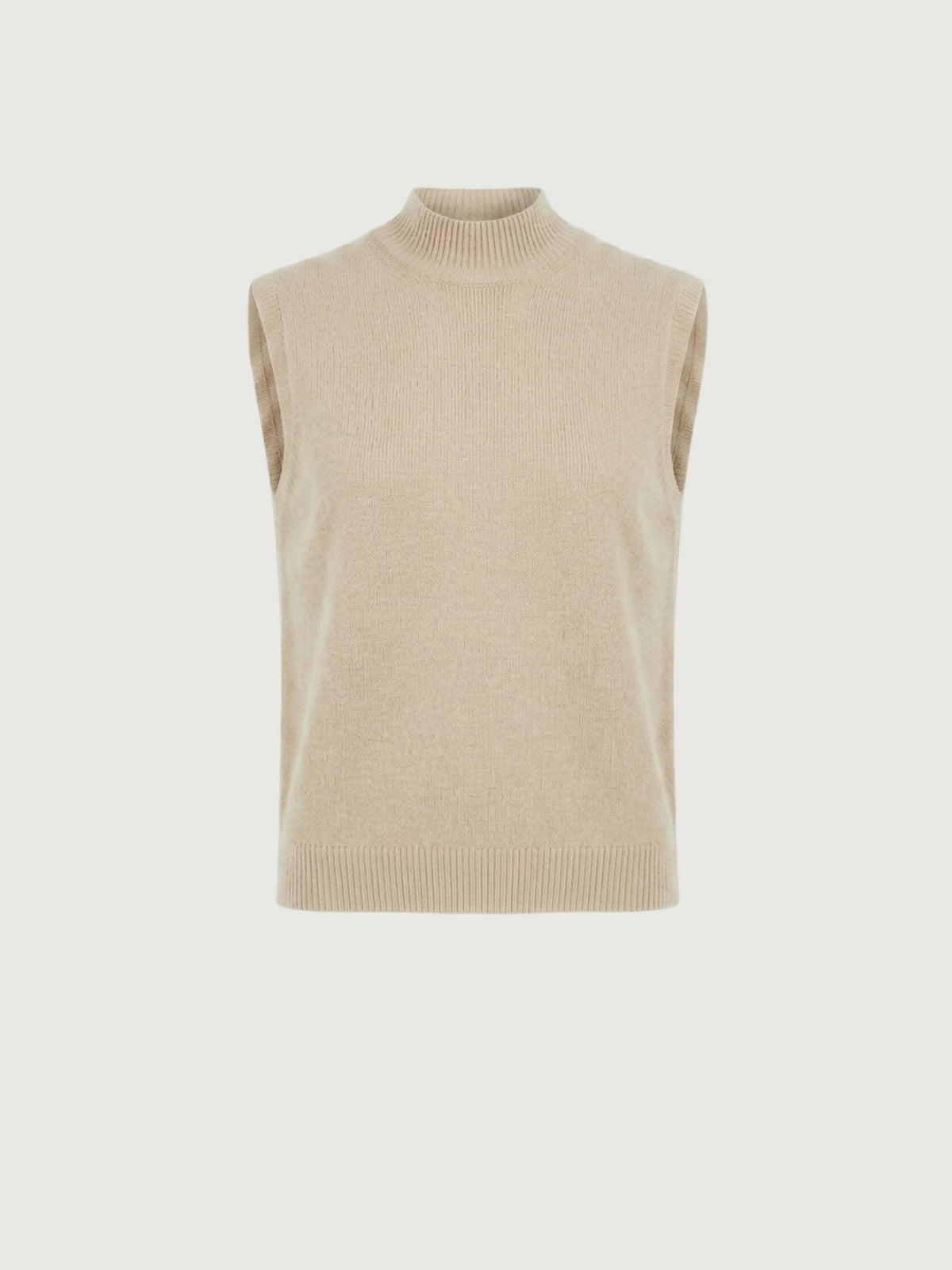 Vista frontale gilet smanicato con collo a lupetto beige