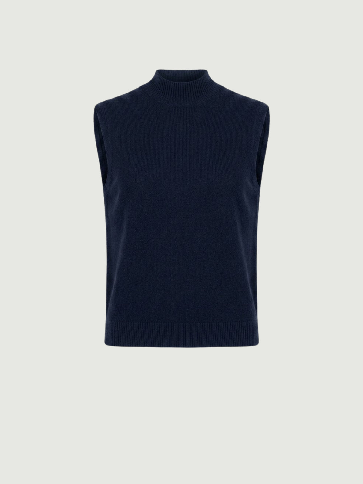 Vista frontale gilet smanicato con collo a lupetto blu scuro