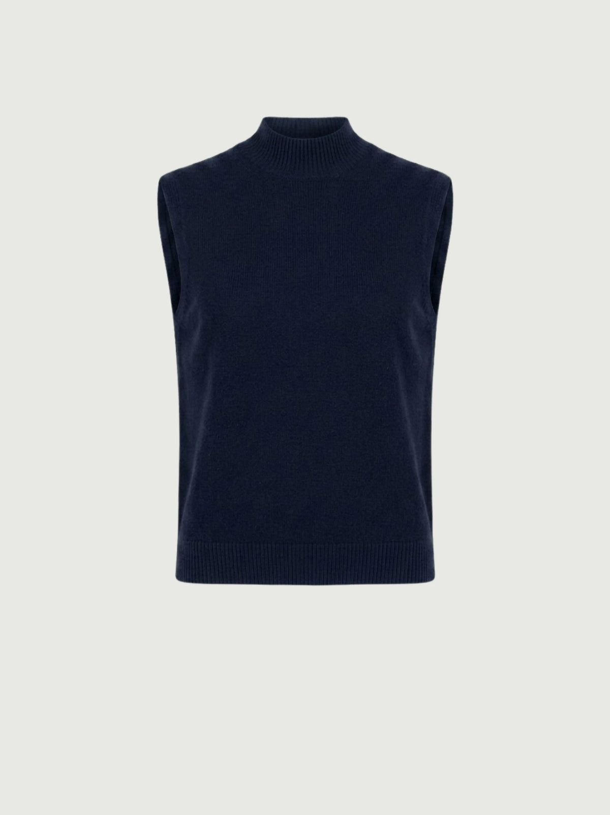Vista frontale gilet smanicato con collo a lupetto blu scuro