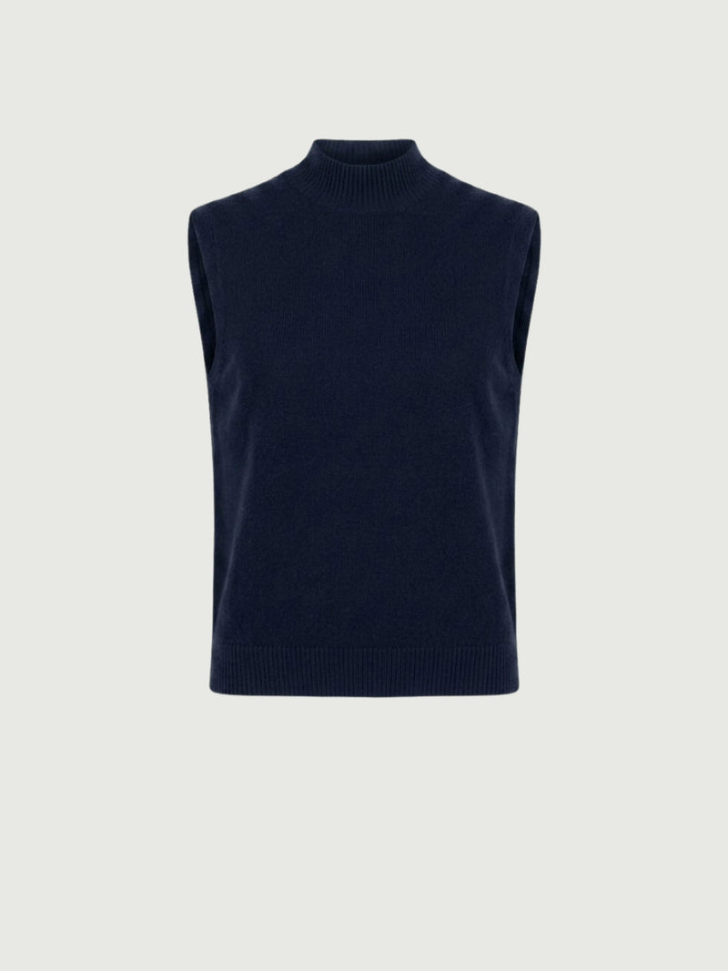 Vista frontale gilet smanicato con collo a lupetto blu scuro