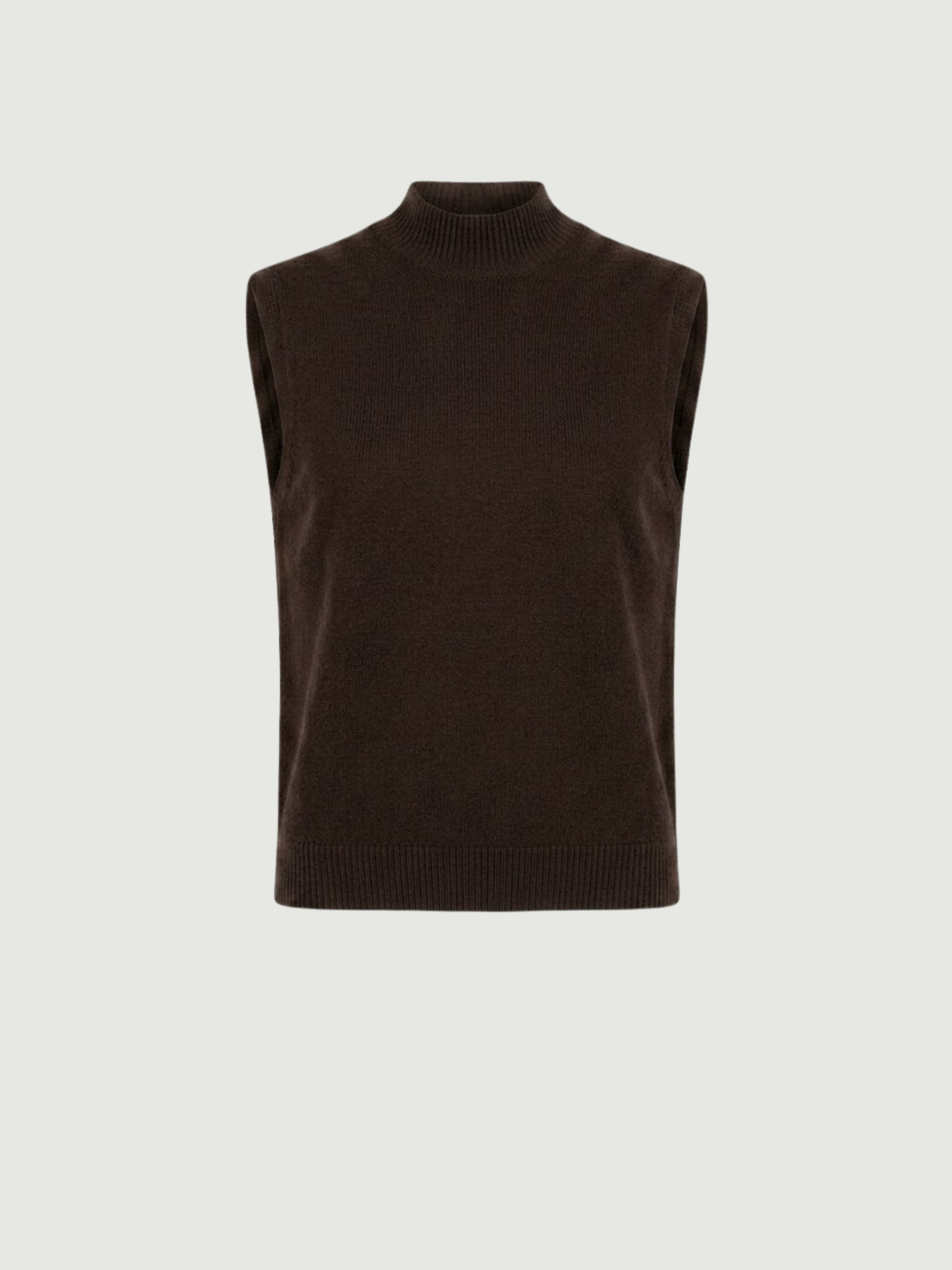 Vista frontale gilet smanicato con collo a lupetto marrone