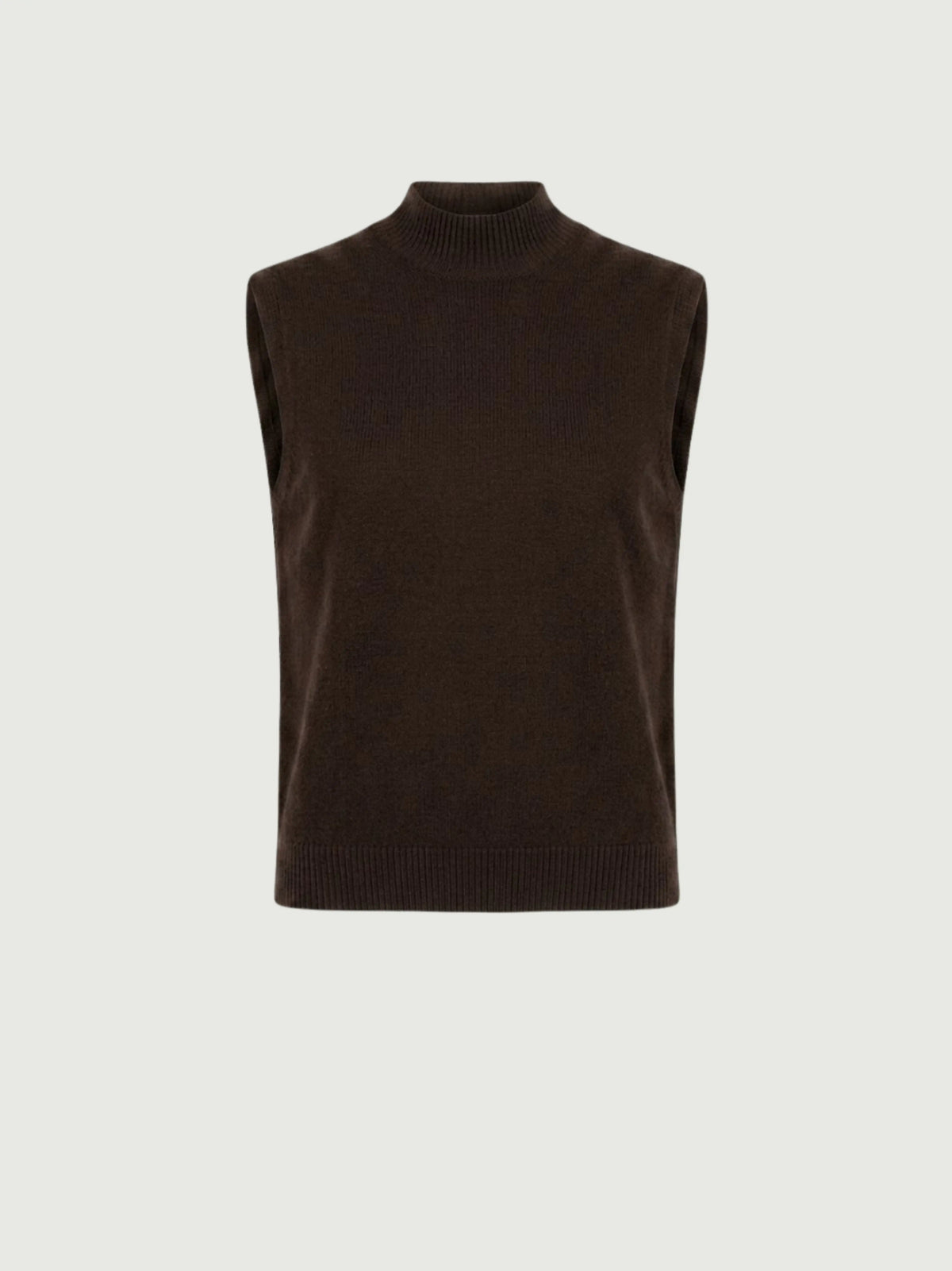 Vista frontale gilet smanicato con collo a lupetto marrone