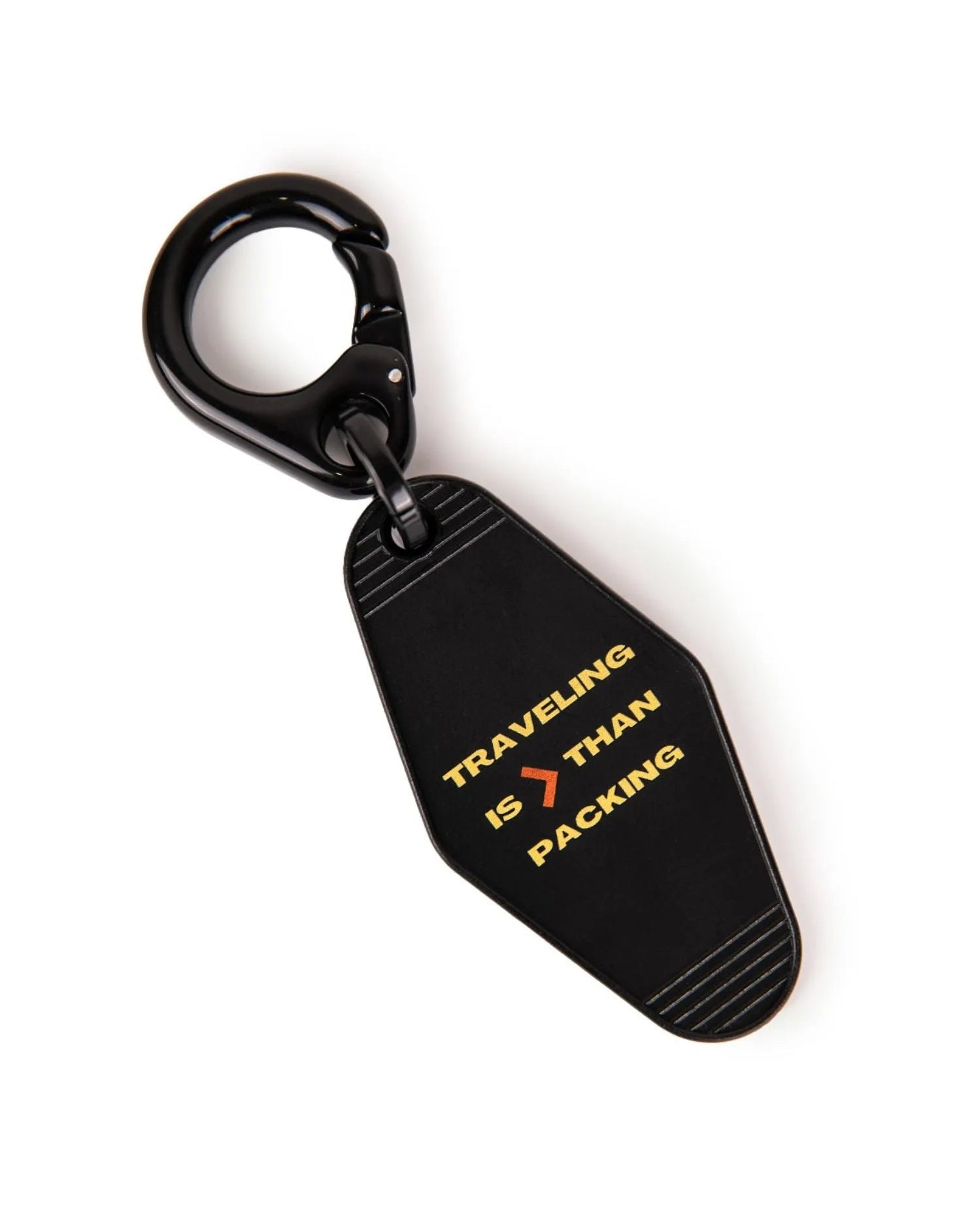 vista superiore portachiavi targhetta nera con scritta gialla KEYCHAIN - BiMOR