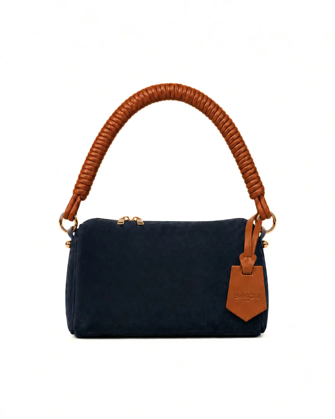 vista frontale borsa a spalla in camoscio blu notte con manico in pelle marrone MINI CUBE - BiMOR