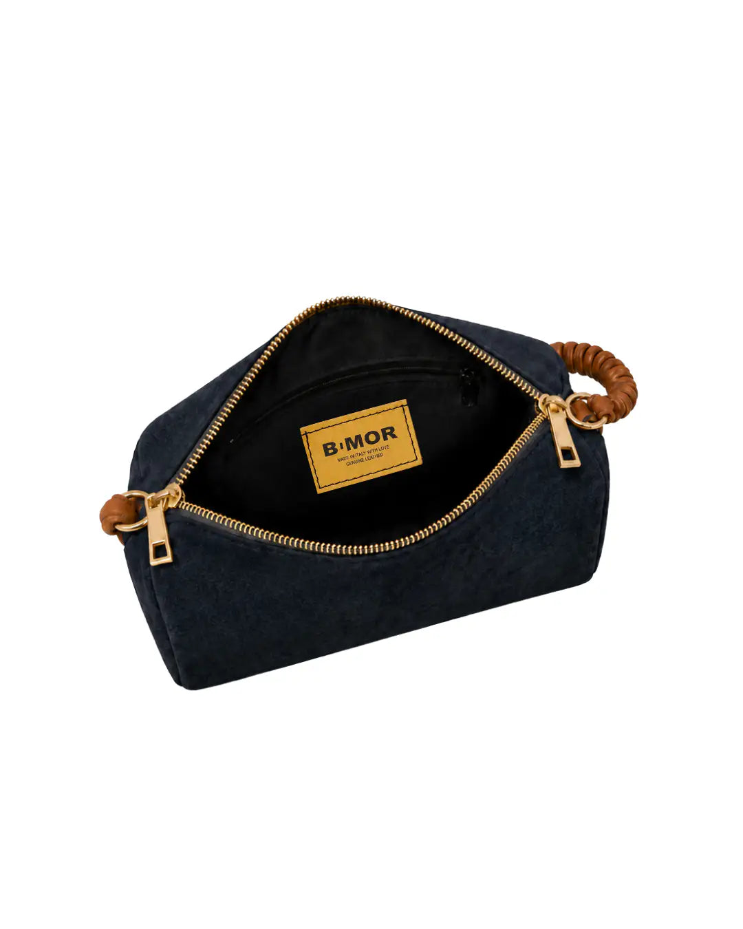 tasca e etichetta interne borsa a spalla in camoscio blu notte con manico in pelle marrone