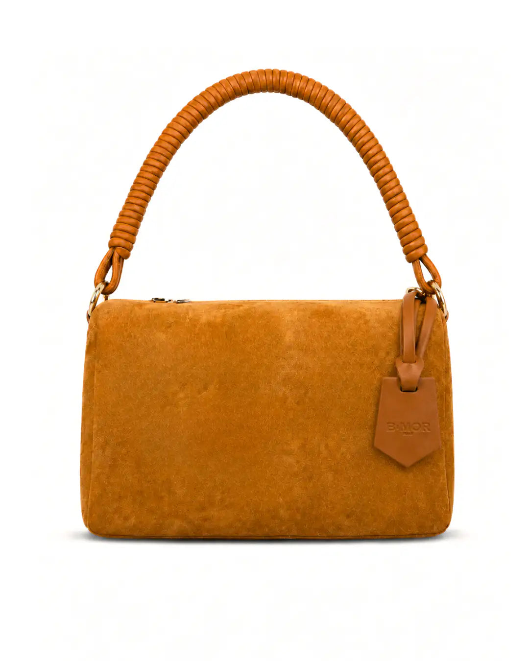 vista frontale borsa a spalla bauletto in camoscio chiaro con manico in pelle marrone CUBE - BiMOR