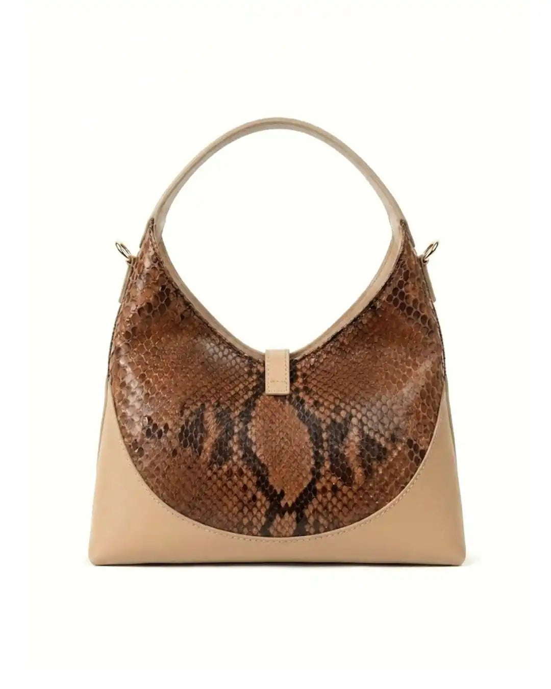 retro borsa a spalla elegante in pelle di pitone marrone con manico e dettagli in pelle beige