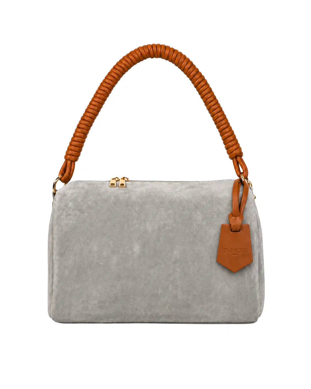 vista frontale borsa a spalla bauletto in camoscio grigio con manico in pelle marrone CUBE - BiMOR