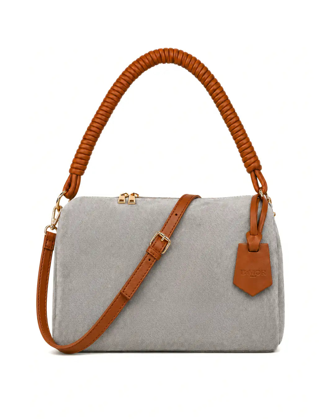 vista frontale borsa a spalla bauletto in camoscio grigio con manico in pelle marrone