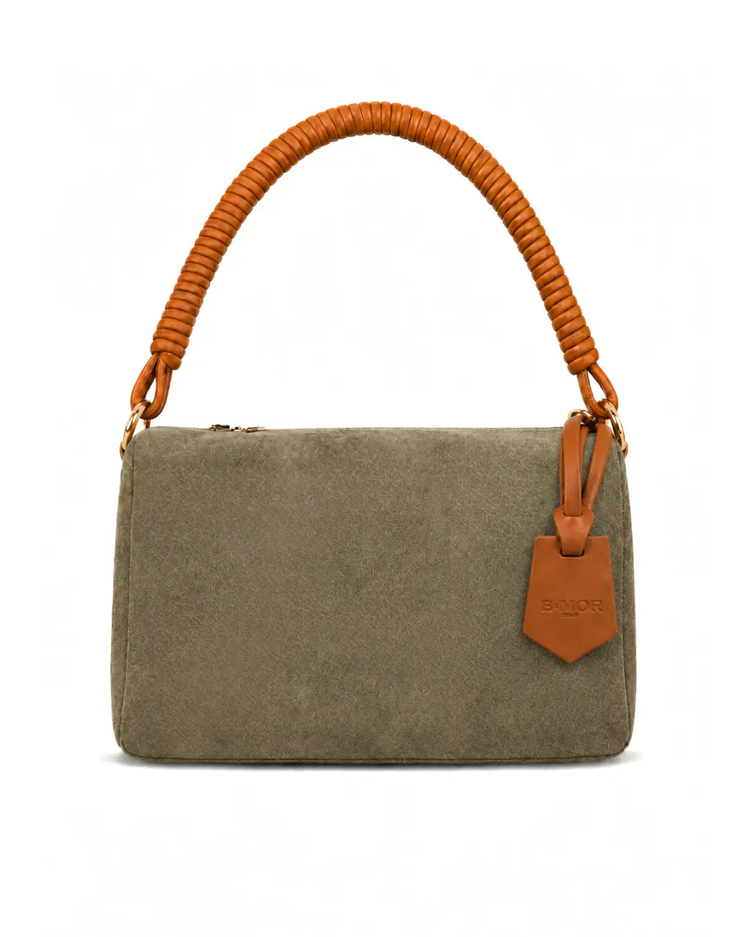 vista frontale borsa a spalla bauletto in camoscio salvia con manico in pelle marrone CUBE - BiMOR