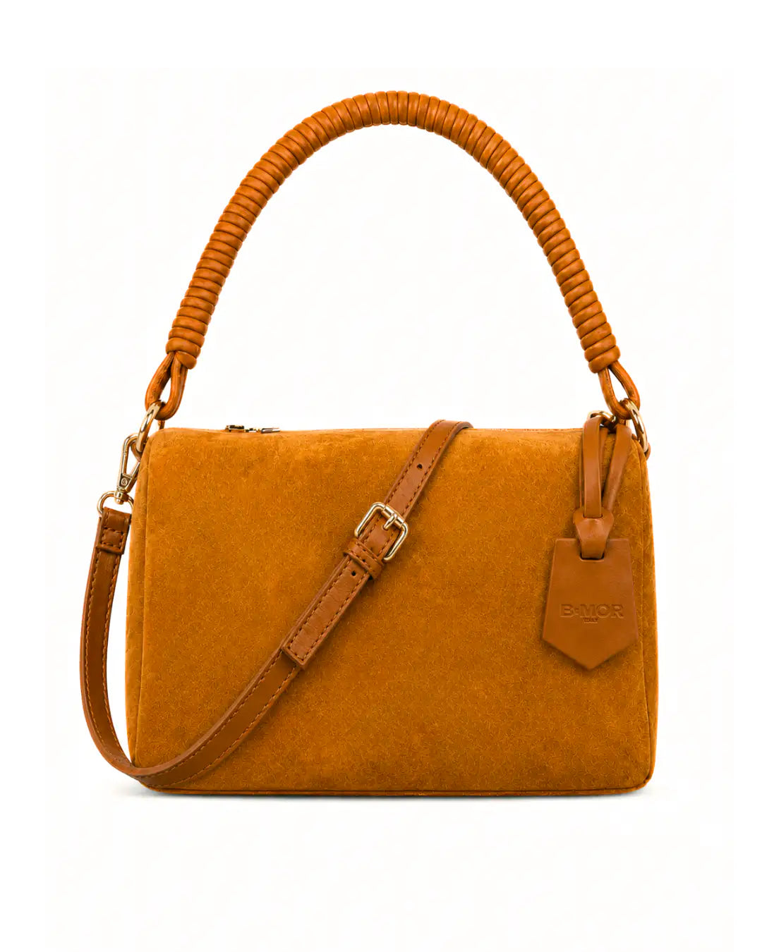 vista frontale borsa a spalla bauletto in camoscio chiaro con manico in pelle marrone