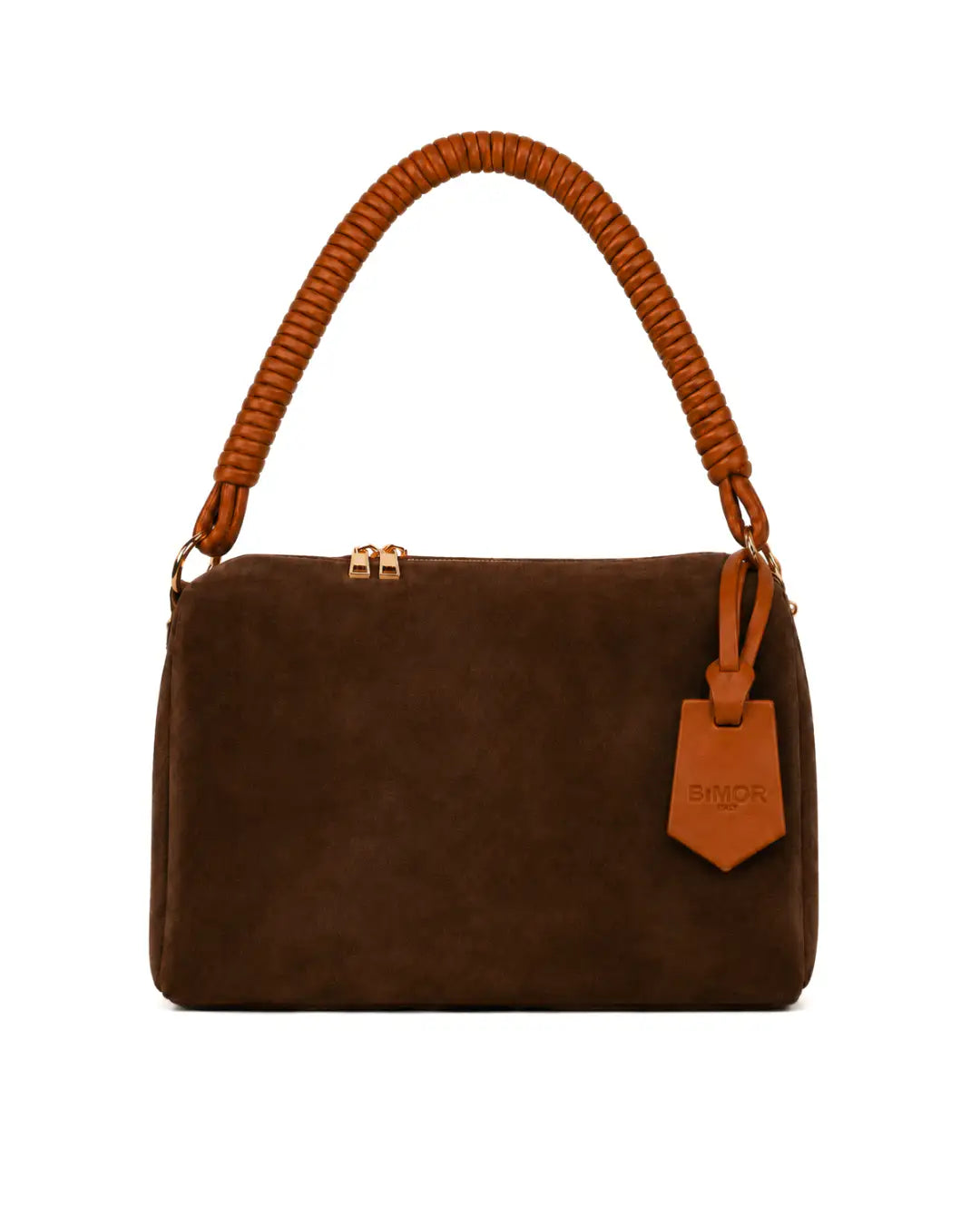 vista frontale borsa a spalla bauletto in camoscio marrone con manico in pelle marrone CUBE - BiMOR
