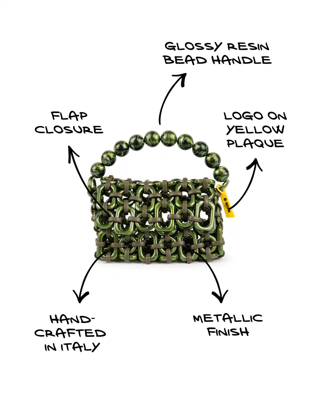 sketch borsa a mano in resina verde metallizzato