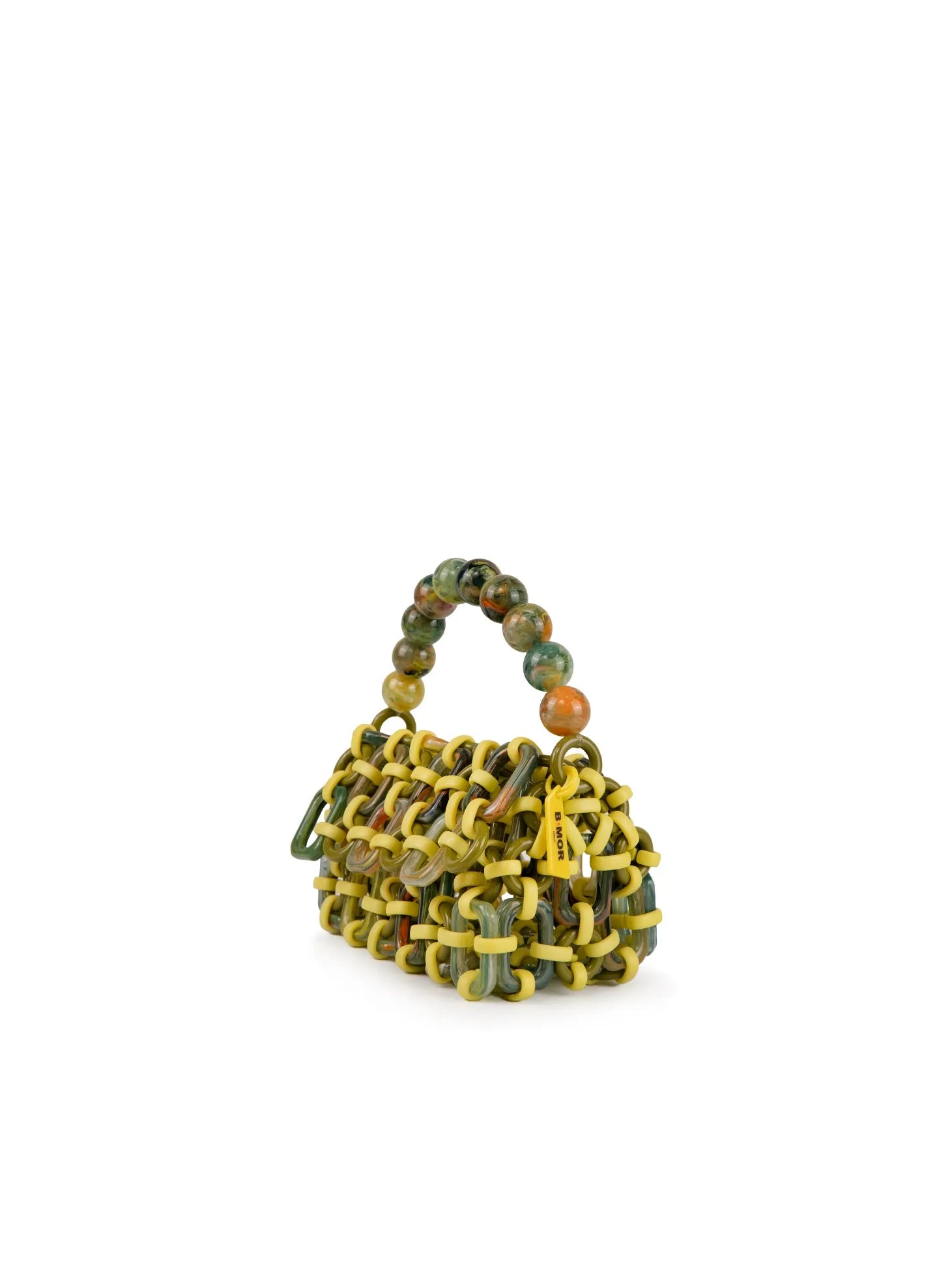 vista laterale borsa a mano in resina multicolore lime, verde e arancione