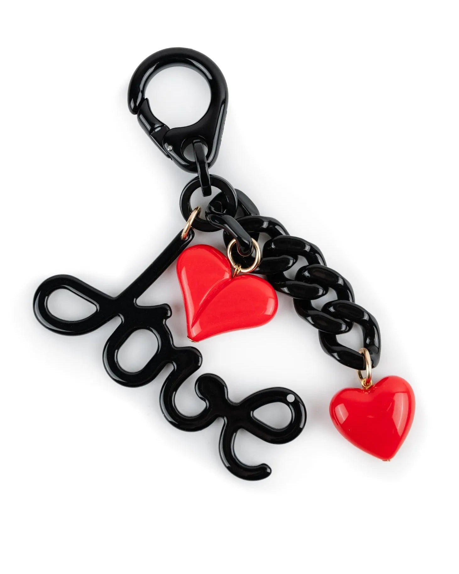 vista superiore portachiavi in resina scritta e catena nere cuori rossi CHARM - BiMOR