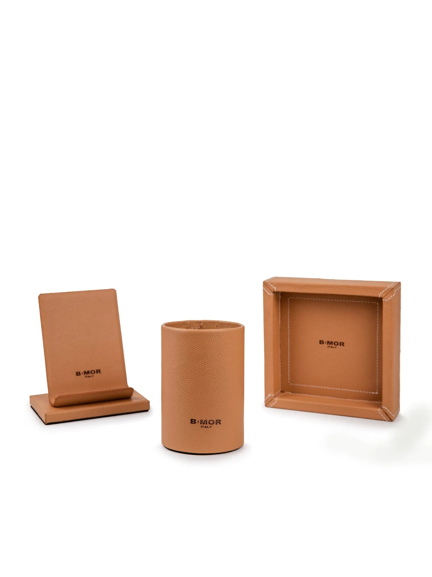vista frontale svuotatasche, portapenne e porta cellulare in pelle beige THE ESSENTIAL TRIO - BiMOR