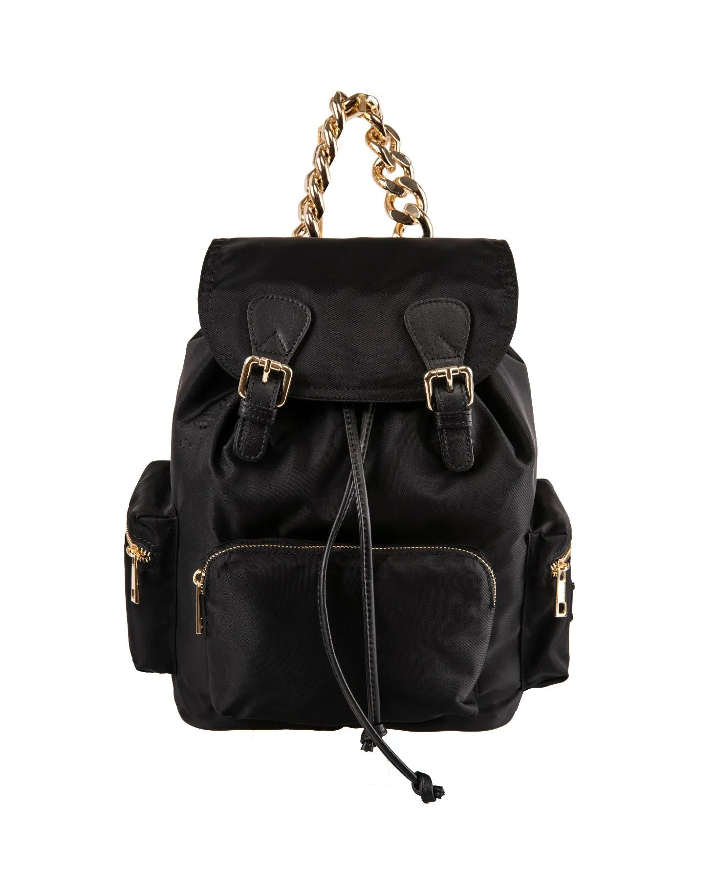vista frontale zaino in nylon nero chiusura laccio tasca zip manico a catena dorata ZAILON - BiMOR