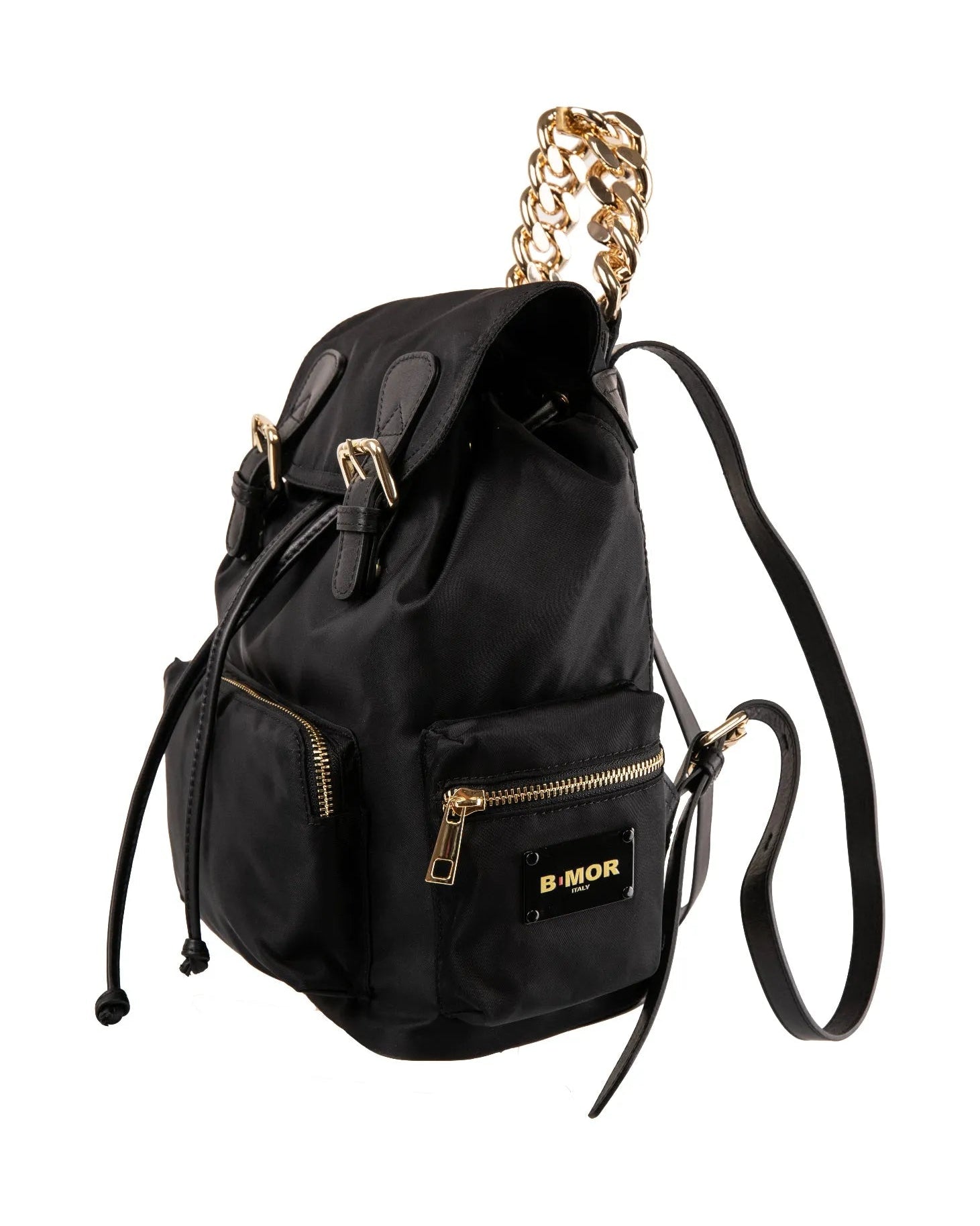 vista laterale zaino in nylon nero chiusura laccio tasca zip manico a catena dorata