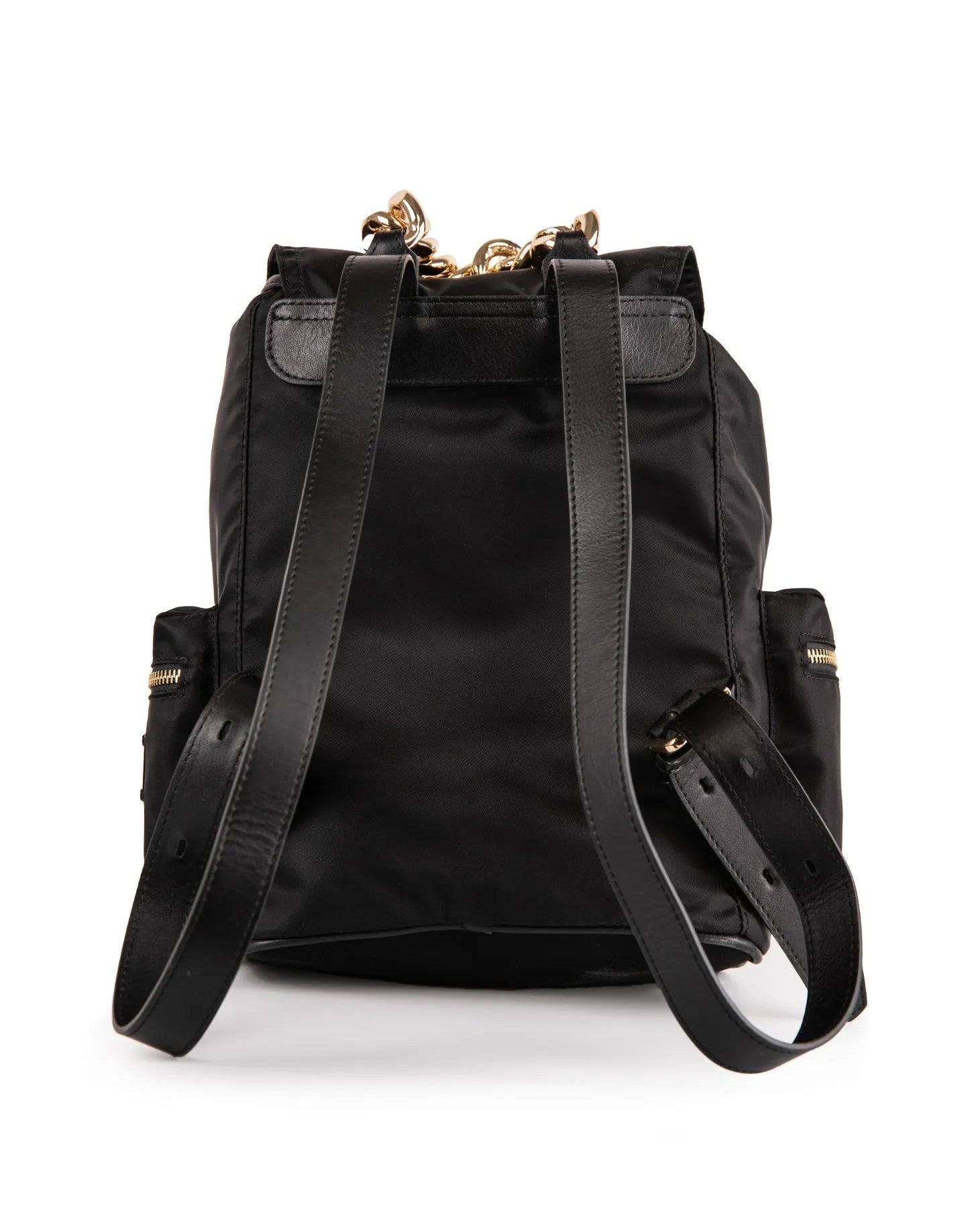 retro zaino in nylon nero chiusura laccio tasca zip manico a catena dorata