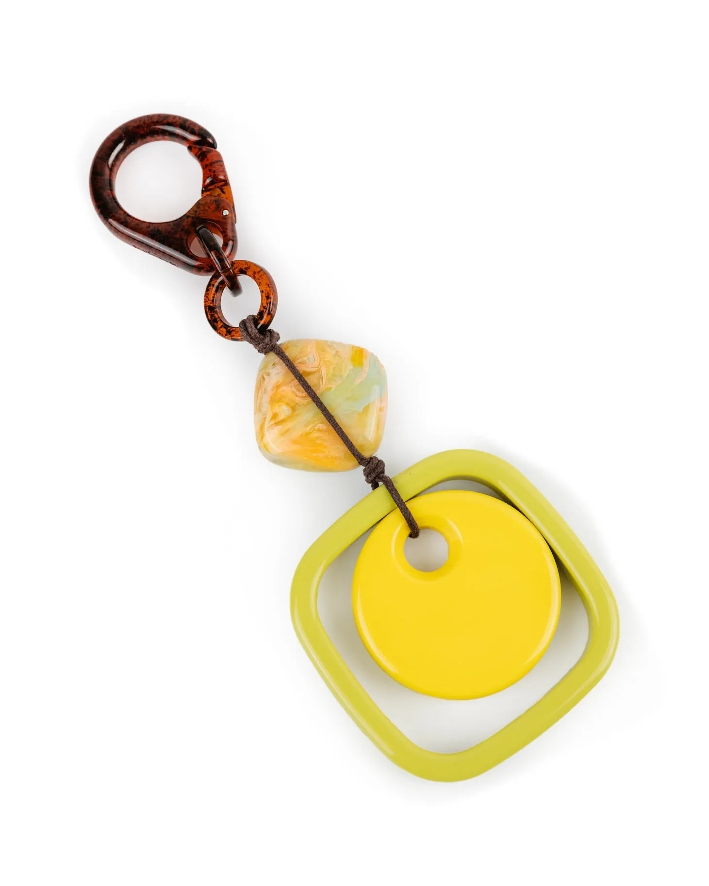vista superiore portachiavi in resina giallo multicolore moschettone tartarugato