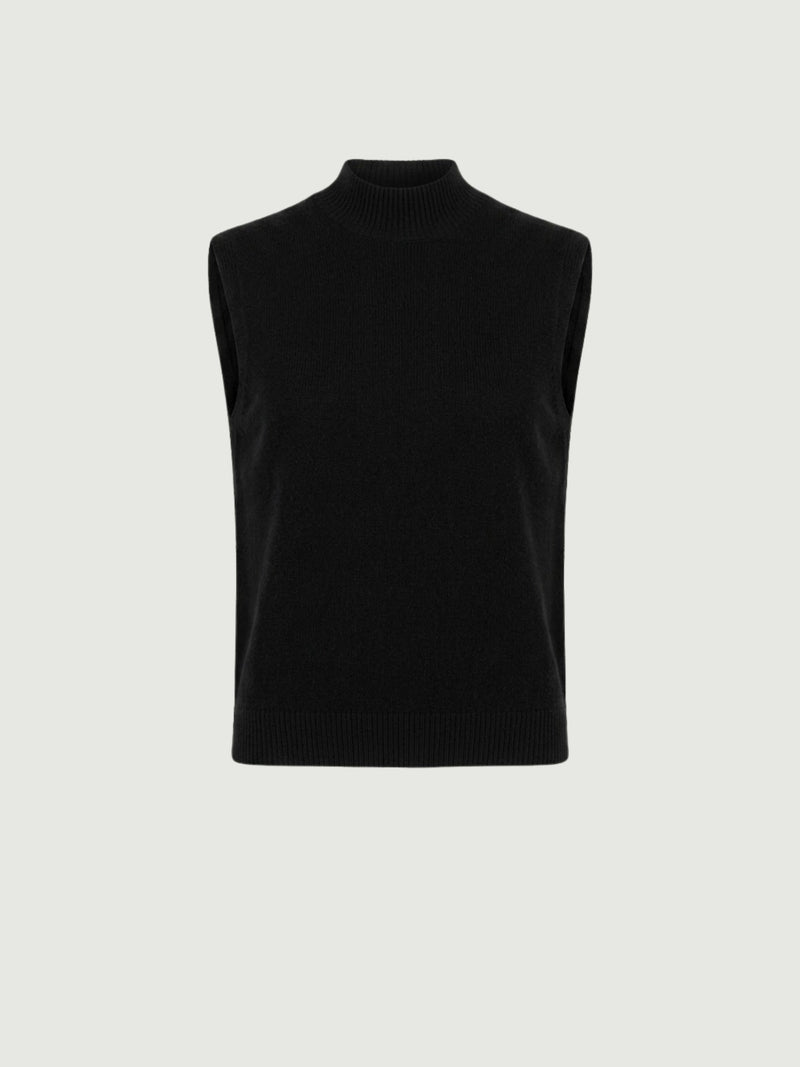 Vista frontale gilet smanicato con collo a lupetto nero