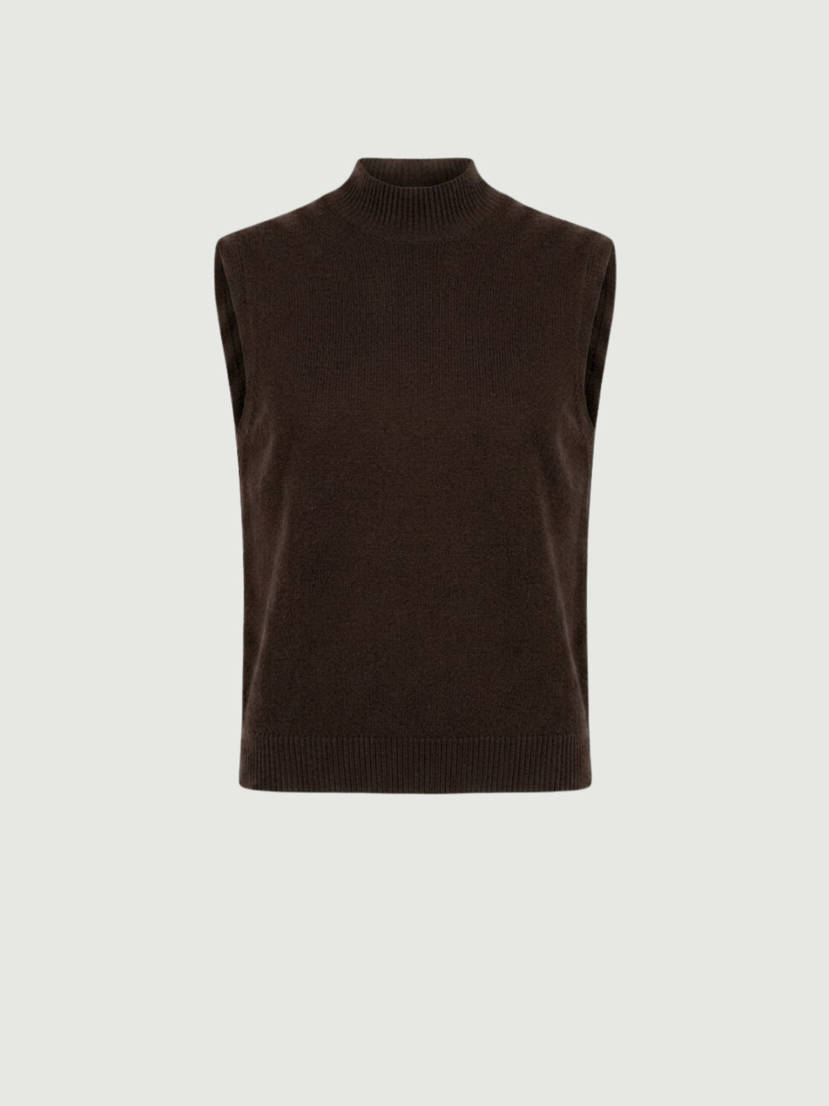Vista frontale gilet smanicato con collo a lupetto marrone