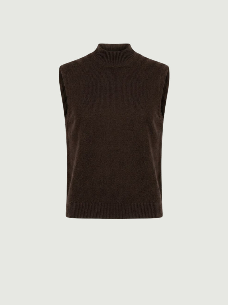 Vista frontale gilet smanicato con collo a lupetto marrone