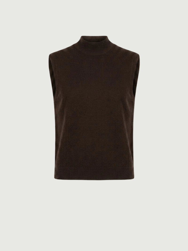 Vista frontale gilet smanicato con collo a lupetto marrone