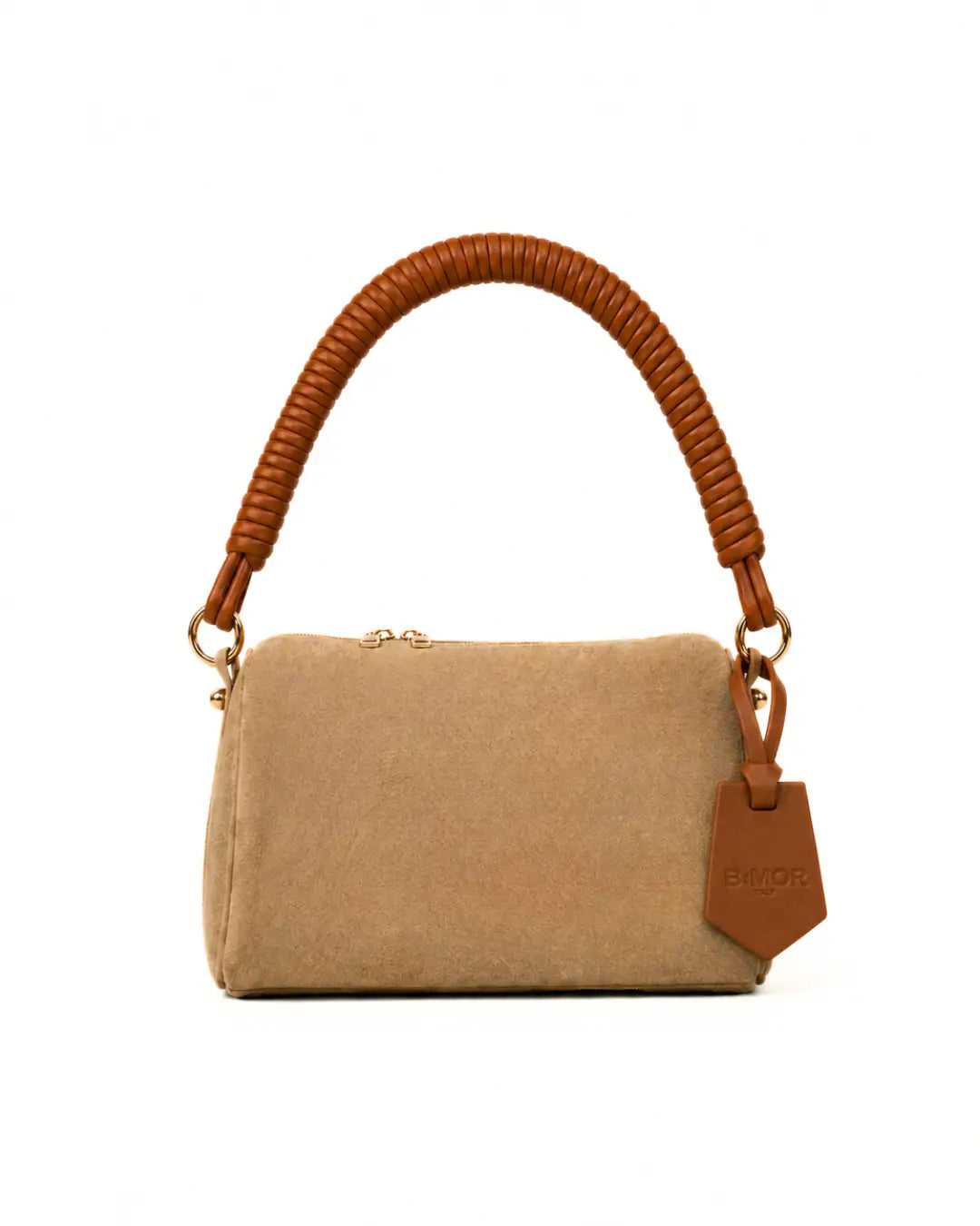 vista frontale borsa a spalla in camoscio beige con manico in pelle marrone MINI CUBE - BiMOR