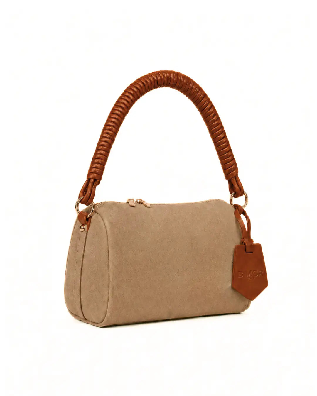 vista laterale borsa a spalla in camoscio beige con manico in pelle marrone