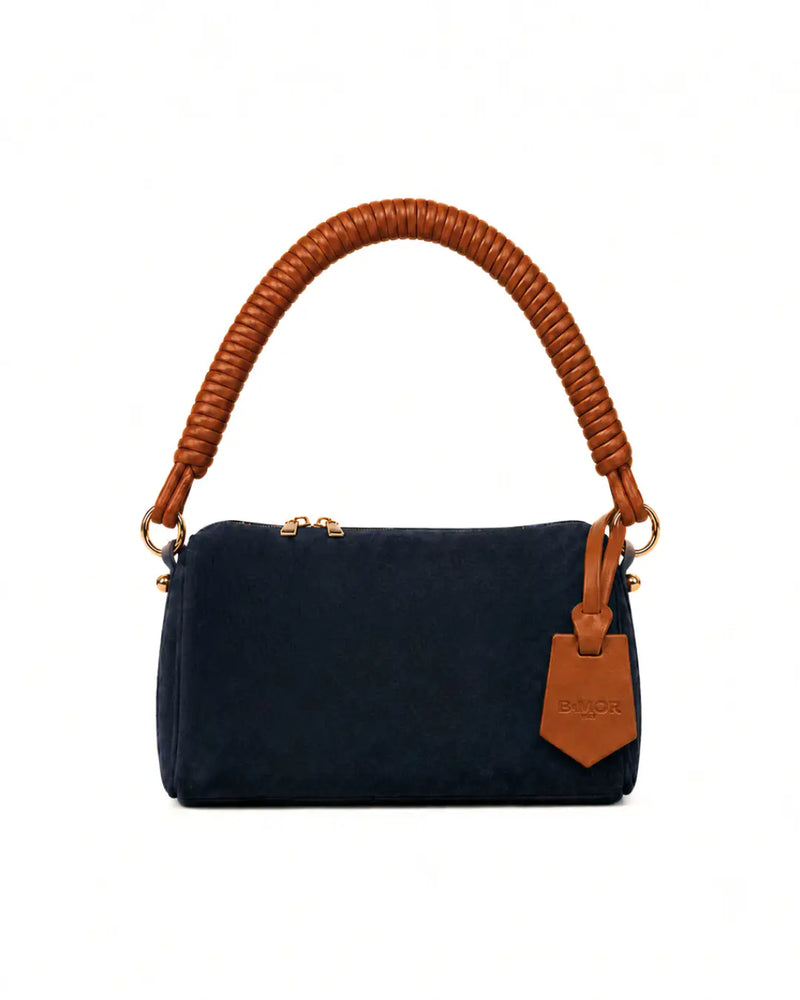 vista frontale borsa a spalla in camoscio blu notte con manico in pelle marrone MINI CUBE - BiMOR
