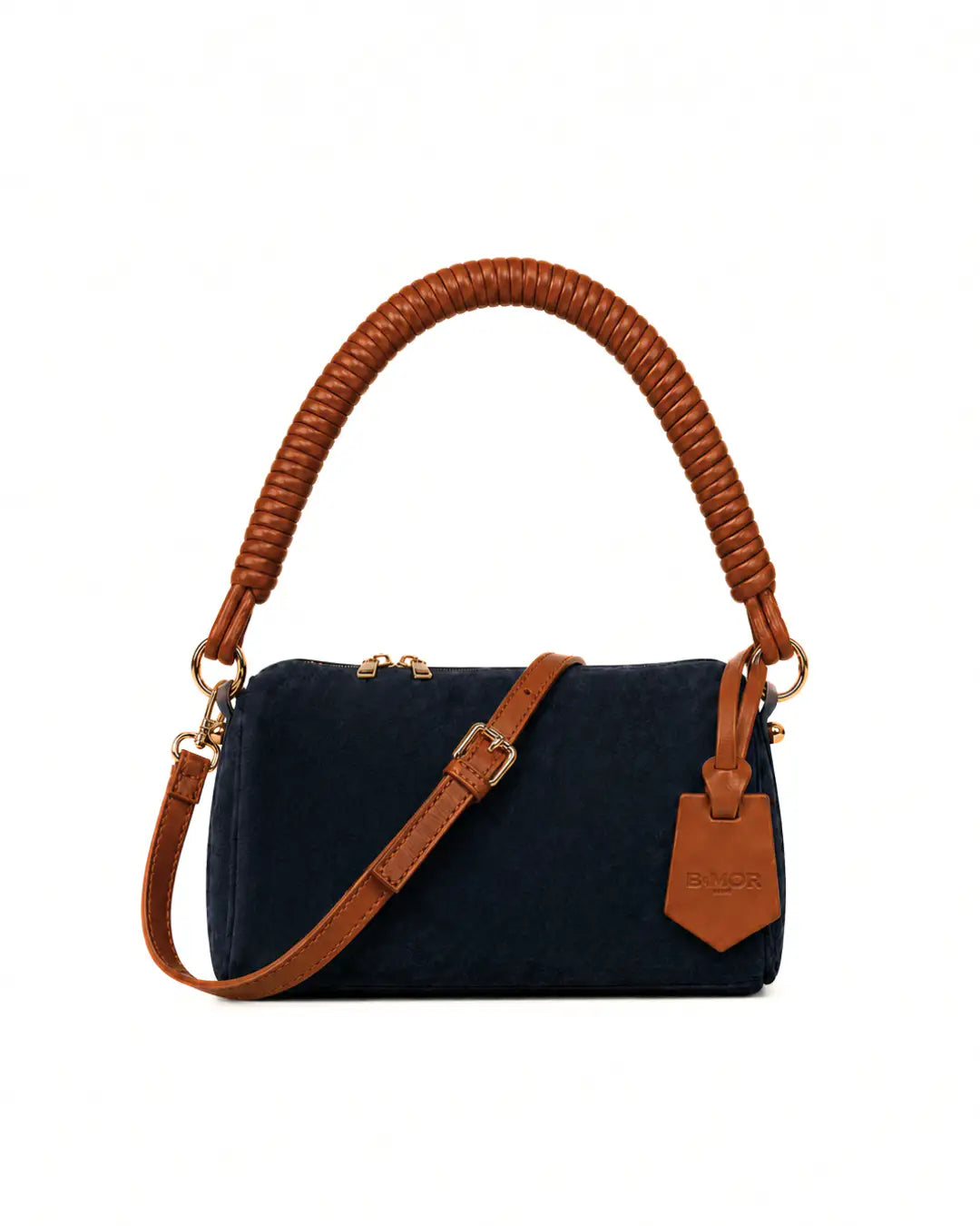 vista frontale borsa a spalla in camoscio blu notte con manico in pelle marrone