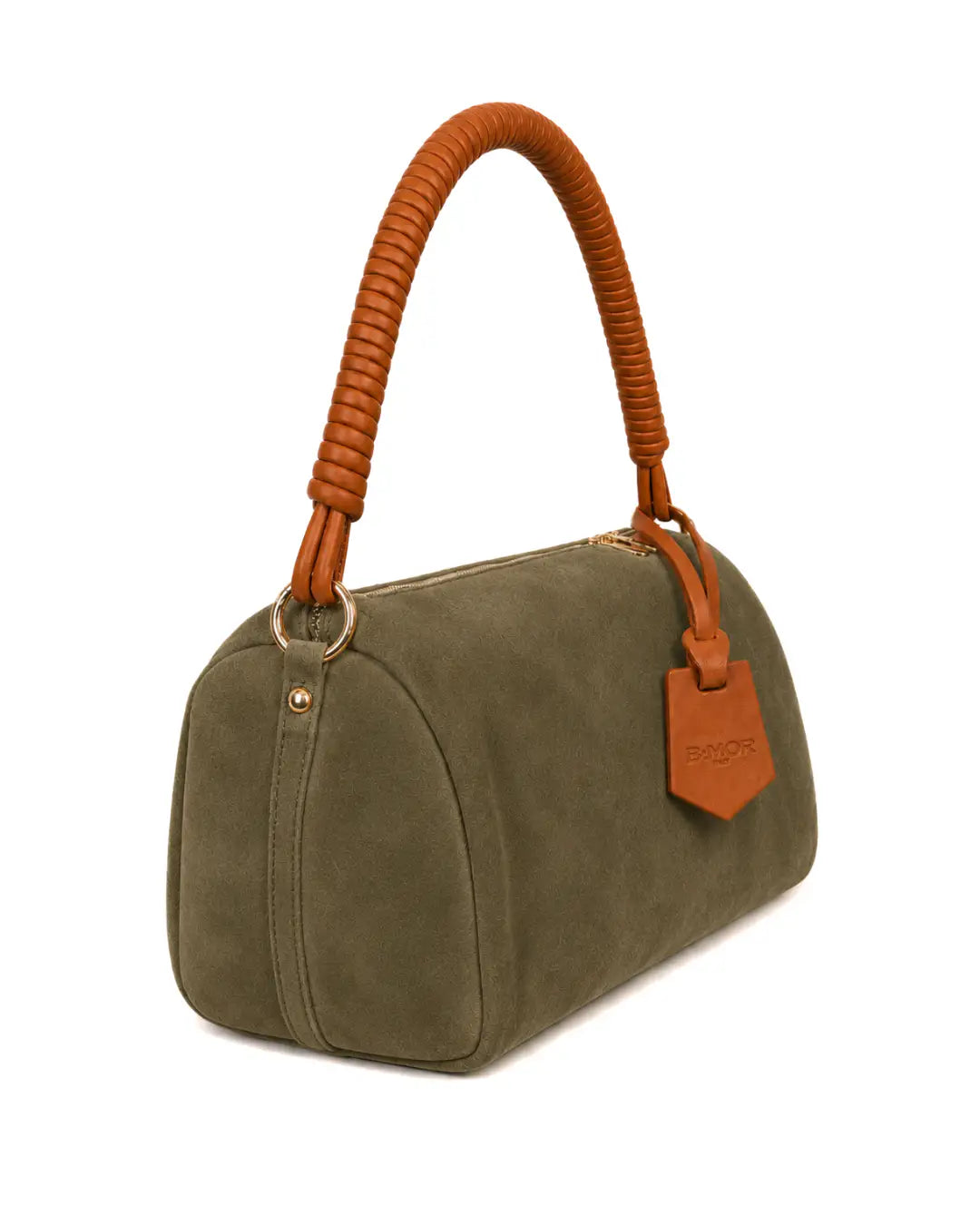 vista laterale borsa a spalla bauletto in camoscio salvia con manico in pelle marrone