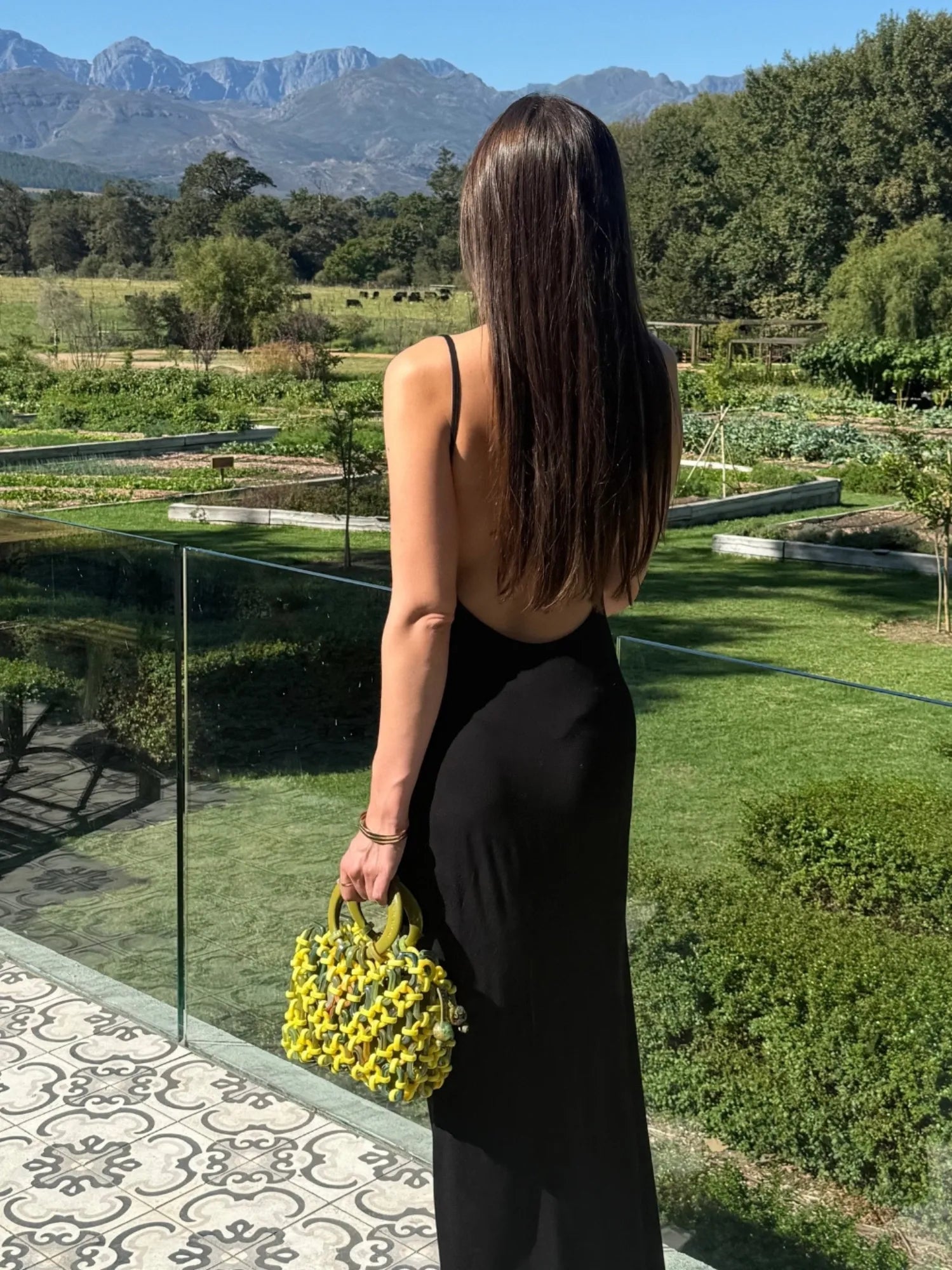 modella indossa borsa a mano in resina verde e gialla