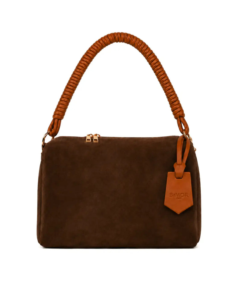 vista frontale borsa a spalla bauletto in camoscio marrone con manico in pelle marrone CUBE - BiMOR
