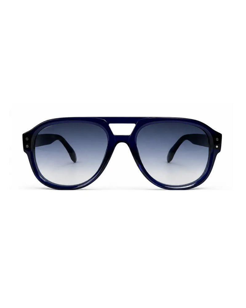 vista frontale occhiale da sole aviator arrotondato doppio ponte, montatura in acetato blu lucido, lenti blu sfumate MORA - BiMOR