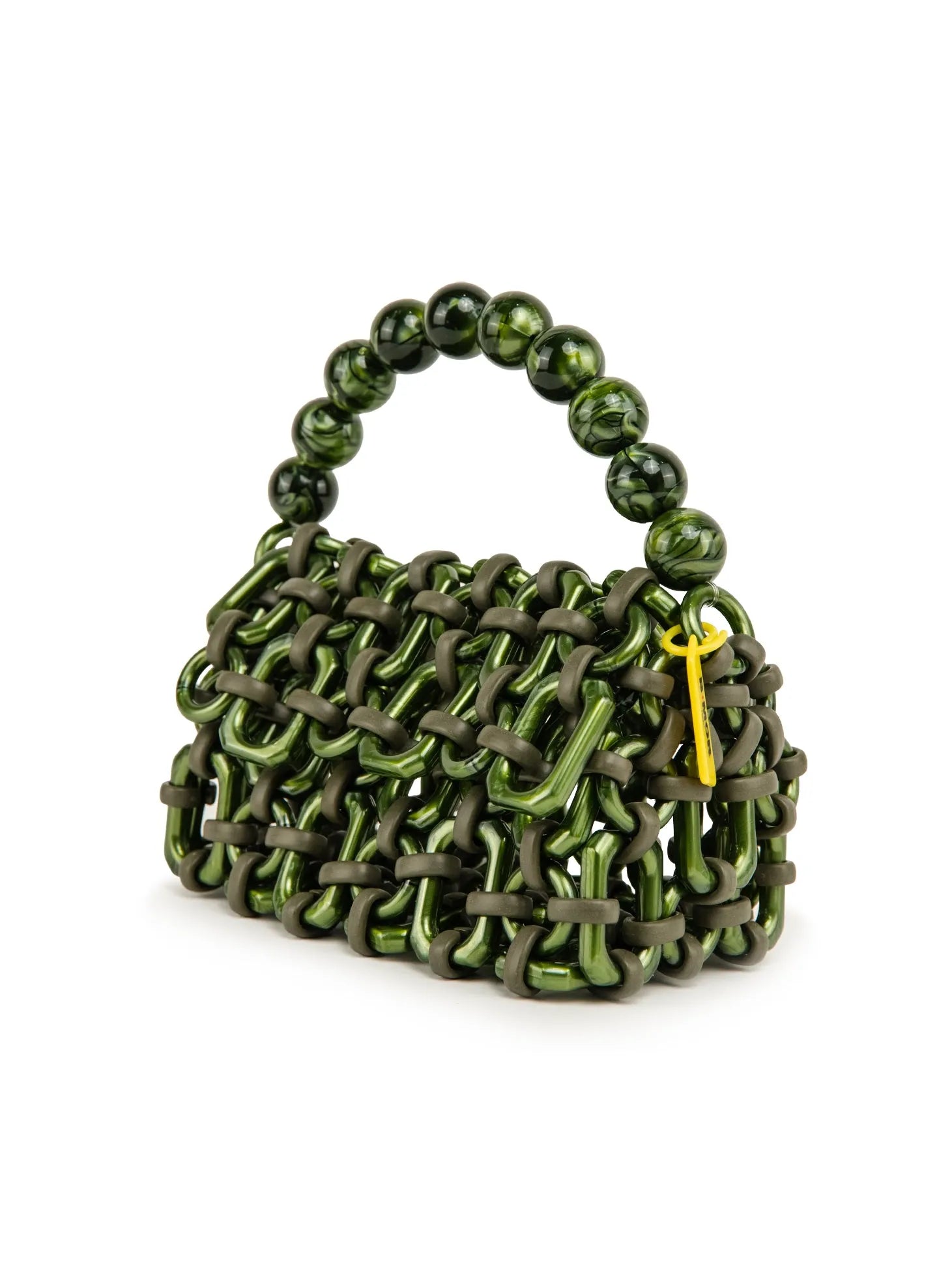 vista laterale borsa a mano in resina verde metallizzato