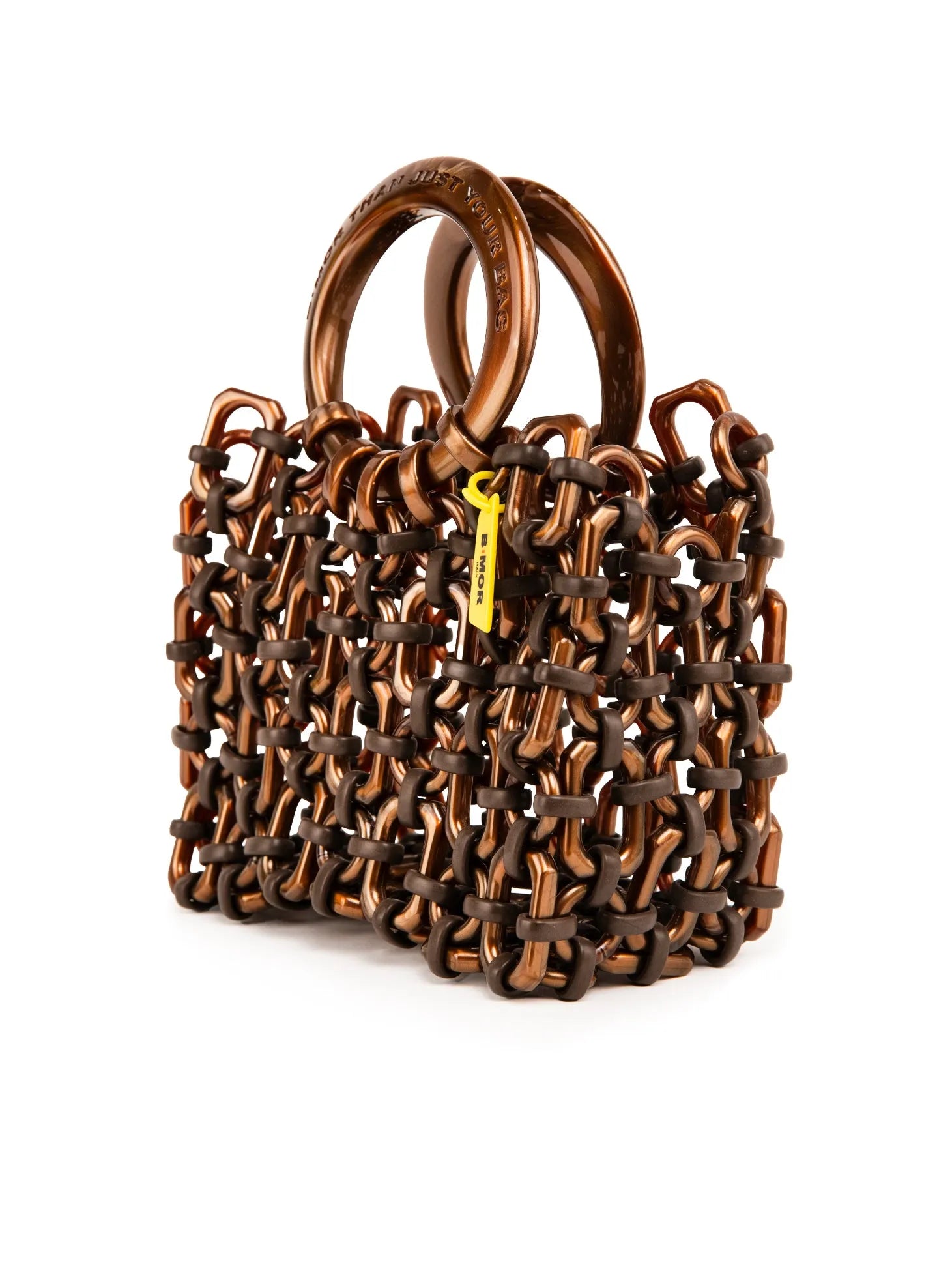 vista laterale borsa a mano in resina marrone metallico
